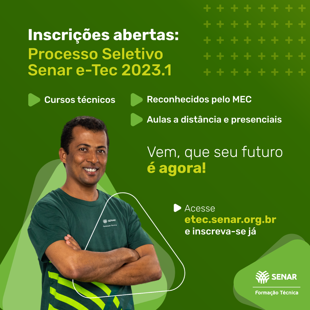 Inscrições para o processo seletivo 2023.1 da formação técnica do Senar estão abertas
